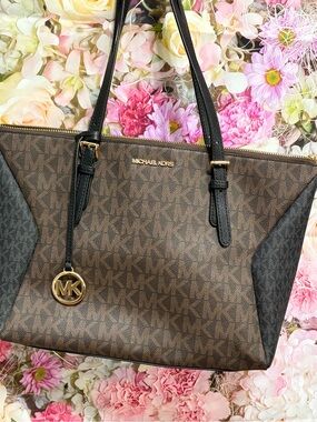 Michael Kors Brown & Black Signature Tote with Gold Logo Charm
